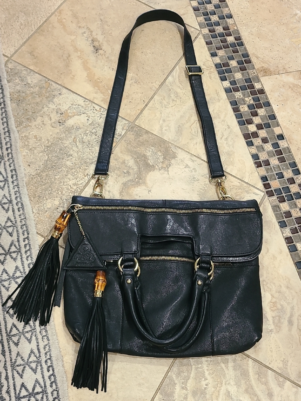 Sorial New York Black Leather Tote Bag with Tassel Accents